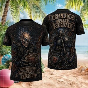 Chicago Bears Flaming Skull Biker T Shirt NFL Hell Rides Every Sunday Apparel