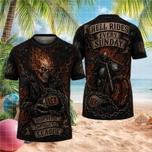 Cincinnati Bengals Hell Rides Every Sunday T Shirt Flaming Skull Skeleton Biker NFL T Shirt