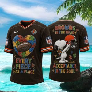 Cleveland Football Snoopy Autism Awareness Pieces V Neck T Shirt
