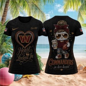 Commanders Cute Kitty Rhinestone Heart Women Football T Shirt