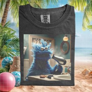 Cookie Monster Using Hair Dryer Funny Meme Graphic T Shirt