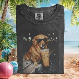 Cool Golden Retriever Sunglasses Drinking Iced Coffee T Shirt