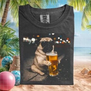 Cool Pug Dog Wearing Sunglasses Drinking Beer Nightlife T Shirt