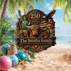 Custom Family Name 250 Years of Freedom Highland Cow Patriotic Ornament