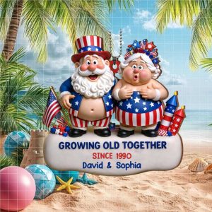 Custom Name Growing Old Together Since 1990 Patriotic Couple Ornament