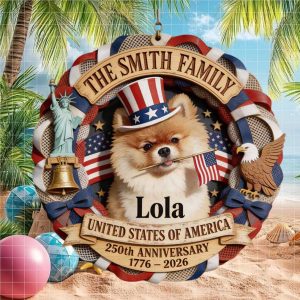 Custom Pomeranian Dog USA 250th Anniversary Liberty Bell Wreath Ornament