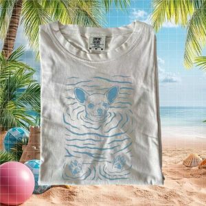 Cute Chihuahua Swimming Blue Line Art Water Waves T Shirt
