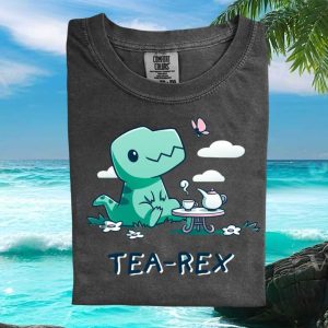 Cute Tea Rex Drinking Tea Funny Dinosaur Cartoon Graphic T Shirt