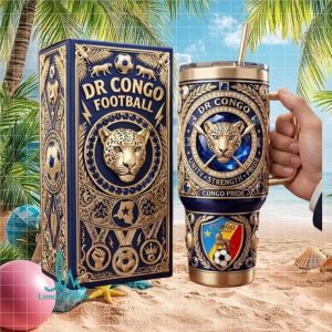 DR Congo Football Congo Pride Leopard Gold Jewel Sports Fan Stainless Steel Insulated Tumbler
