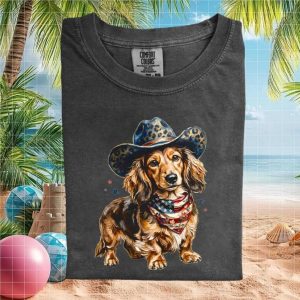 Dachshund Cowboy Hat Patriotic American Flag Bandana T Shirt