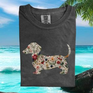 Dachshund Dog Floral Embroidery Aesthetic T Shirt