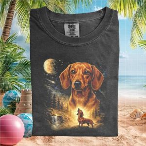 Dachshund Dog Howling Full Moon Forest Waterfall T Shirt