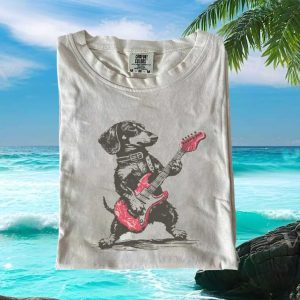 Dachshund Dog Playing Electric Guitar Retro Music T Shirt