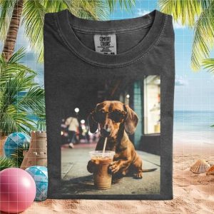 Dachshund Wearing Sunglasses Drinking Iced Coffee T Shirt