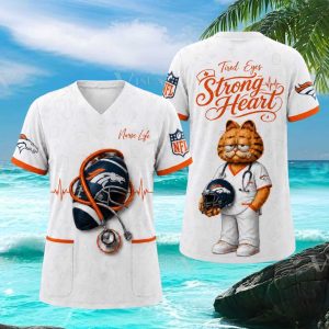 Denver Broncos NFL Nurse Life Garfield Tired Eyes Strong Heart T Shirt