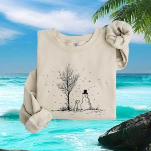 Dog And Snowman Winter Sketch Minimalist T Shirt