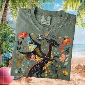 Floral Mythical Black Dragon Botanical Illustration T Shirt