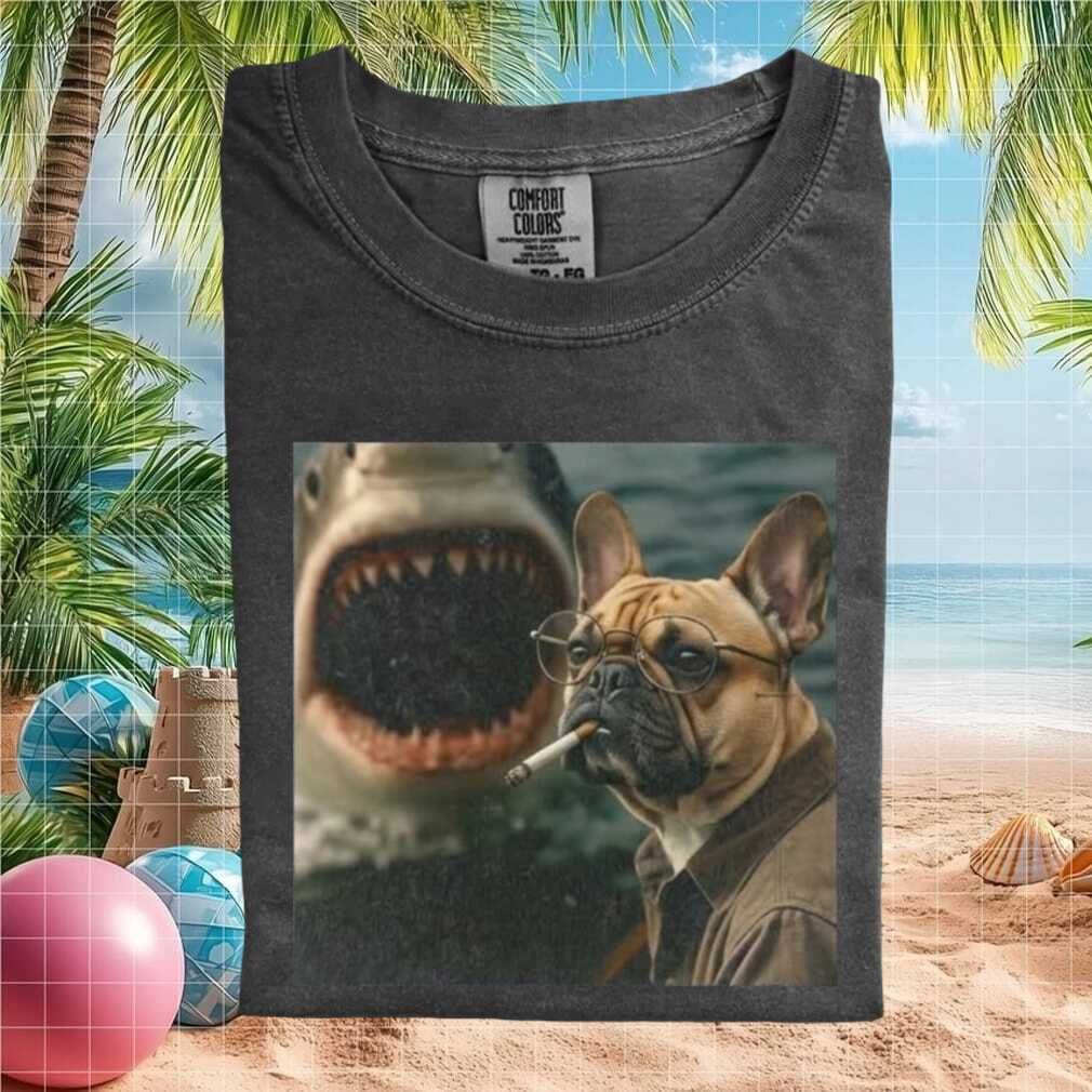 French Bulldog Wearing Glasses Cool Shark Attack T Shirt French Bulldog Wearing Glasses Cool Shark Attack T Shirt
