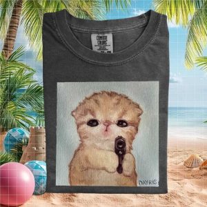 Funny Angry Kitten Holding Gun Meme Oil Painting Style T Shirt