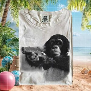 Funny Chimp Holding Gun Retro Style Vintage Aesthetic Unisex T Shirt