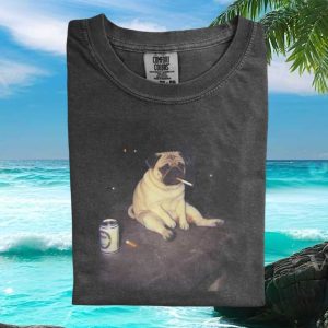 Funny Pug Smoking Cigarette Drinking Beer Vintage T Shirt
