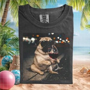 Funny Pug Wearing Sunglasses Drinking Red Wine Nightlife Graphic T Shirt