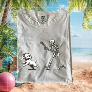 Funny Skeleton Playing Fetch With Dog Bone Graphic T Shirt