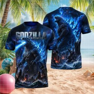 Godzilla Blue Atomic Breath Galaxy Space Graphic T Shirt
