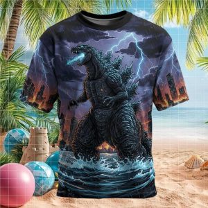 Godzilla Kaiju Blue Lightning City Destruction Graphic T Shirt