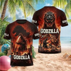 Godzilla Kaiju Fire Breath Battle Scene Graphic T Shirt