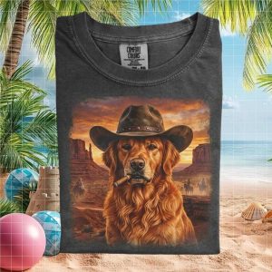 Golden Retriever Cowboy Hat Smoking Cigar Western T Shirt