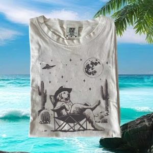 Golden Retriever Cowboy UFO Desert Camping Graphic T Shirt