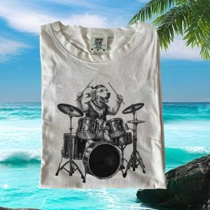 Golden Retriever Dog Playing Drums Rocker Band T Shirt
