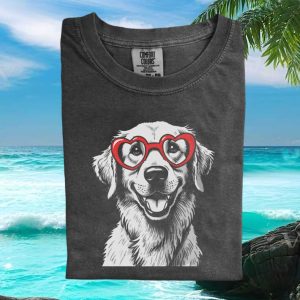 Golden Retriever Red Heart Glasses Cute Valentines Day Dog T Shirt