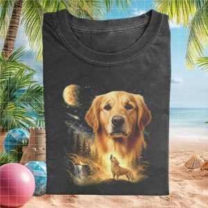 Golden Retriever Wolf Moon Mountain Waterfall Vintage T Shirt
