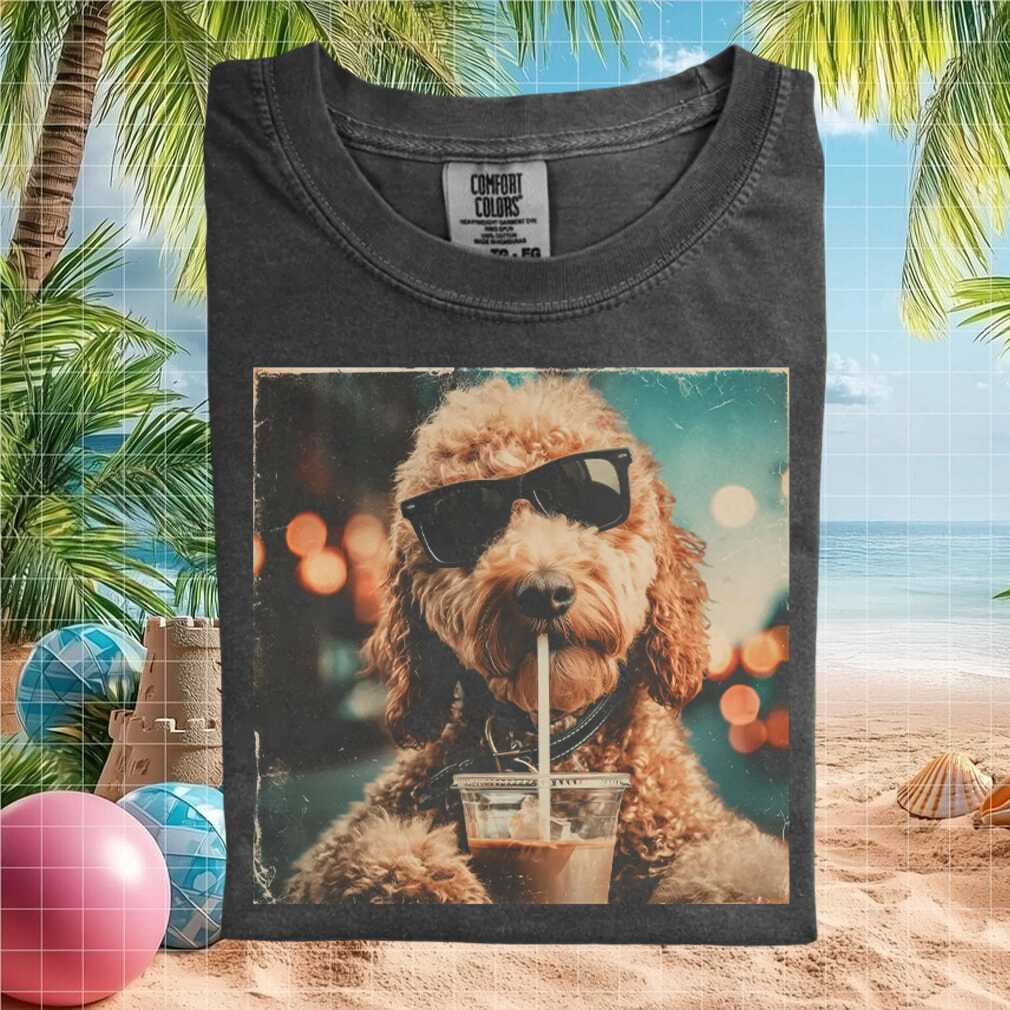 Goldendoodle Wearing Sunglasses Drinking Iced Coffee Summer T Shirt Goldendoodle Wearing Sunglasses Drinking Iced Coffee Summer T Shirt