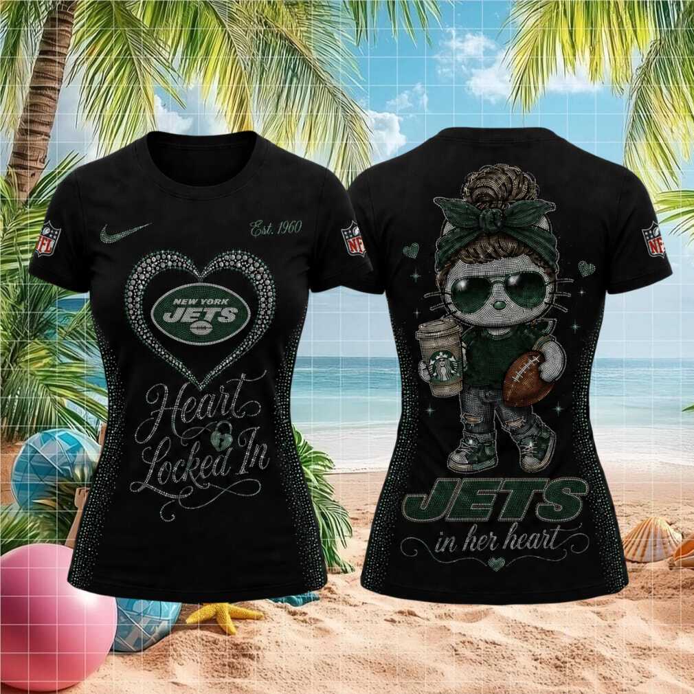 Jets Cute Kitty Rhinestone Heart Women Football T Shirt Jets Cute Kitty Rhinestone Heart Women Football T Shirt