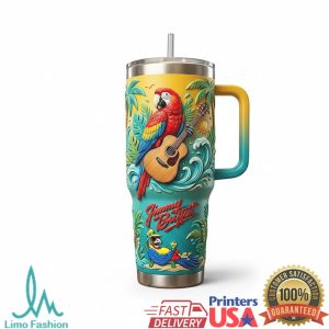 Jimmy Buffett Margaritaville Parrot Guitar Beach Style 20oz Tropical Gift Fan Stainless Steel Insulated Tumbler