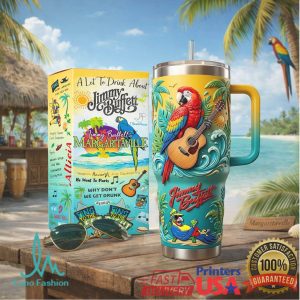 Jimmy Buffett Margaritaville Parrot Guitar Beach Style 20oz Tropical Gift Fan Stainless Steel Insulated Tumbler