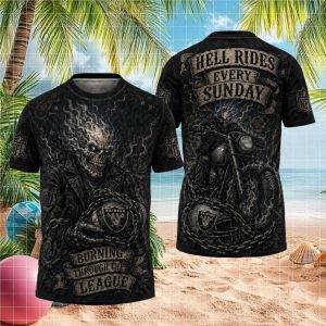 Las Vegas Raiders Hell Rides Every Sunday Flaming Skull NFL Biker Graphic T Shirt