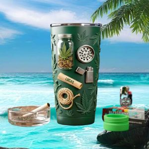Marijuana Leaf Weed Culture Personalized Name Lucas Retro 20oz Green Gift Men Stainless Steel Insulated Tumbler