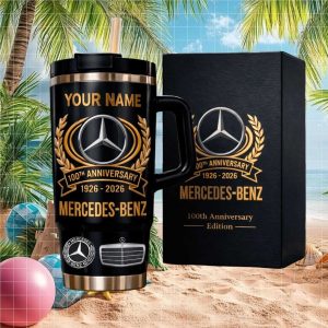 Mercedes Benz 100th Anniversary Your Name Personalized Custom Retro 20oz Black Gold Stainless Steel Insulated Tumbler