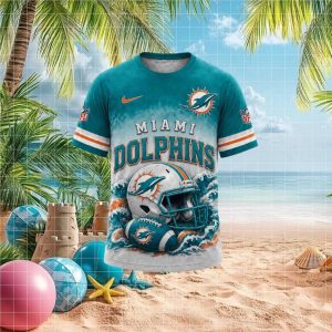Miami Dolphins Ocean Waves Helmet Graphic Football T Shirt
