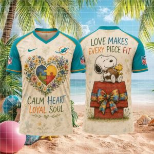 Miami Dolphins Snoopy Autism Awareness Calm Heart Football T Shirt