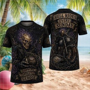 Minnesota Vikings Hell Rides Every Sunday Purple Flame Skull NFL Biker T Shirt