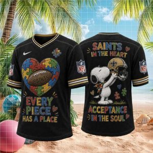 New Orleans Football Snoopy Autism Awareness Pieces V Neck T Shirt