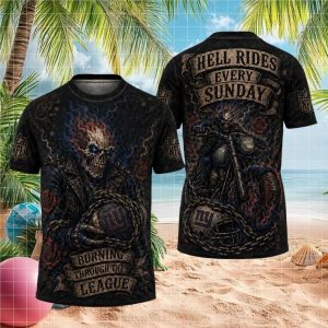New York Giants Blue Fire Ghost Rider NFL T Shirt Biker Style Football Apparel