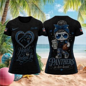 Panthers Cute Kitty Rhinestone Heart Women Football T Shirt