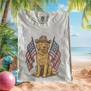 Patriotic Golden Retriever Cowboy Hat American Flag T Shirt