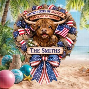 Personalized Highland Cow American Flag Wreath 250th Anniversary Ornament